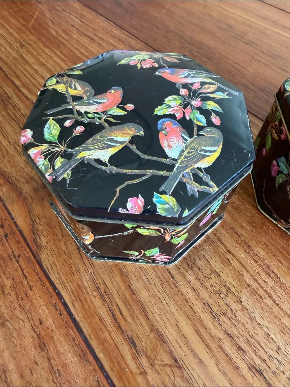 Vintage Octagonal Black Bird Trinket Box - Pair England Tea Tins